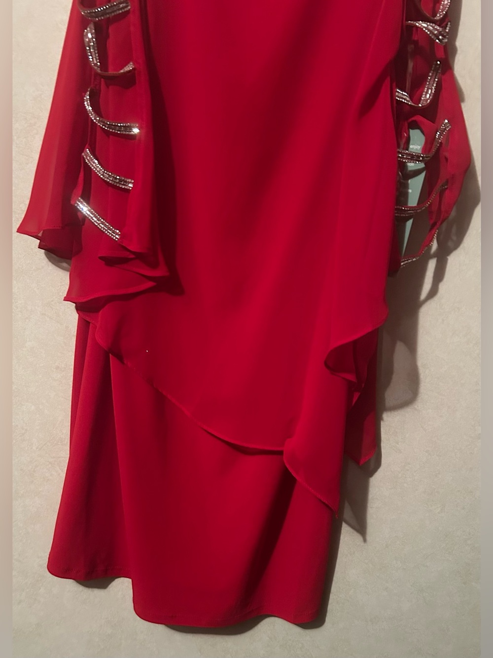 MSK Red Rhinestone-Trim Cold-Shoulder Small Mini Dress - Picture 6 of 7